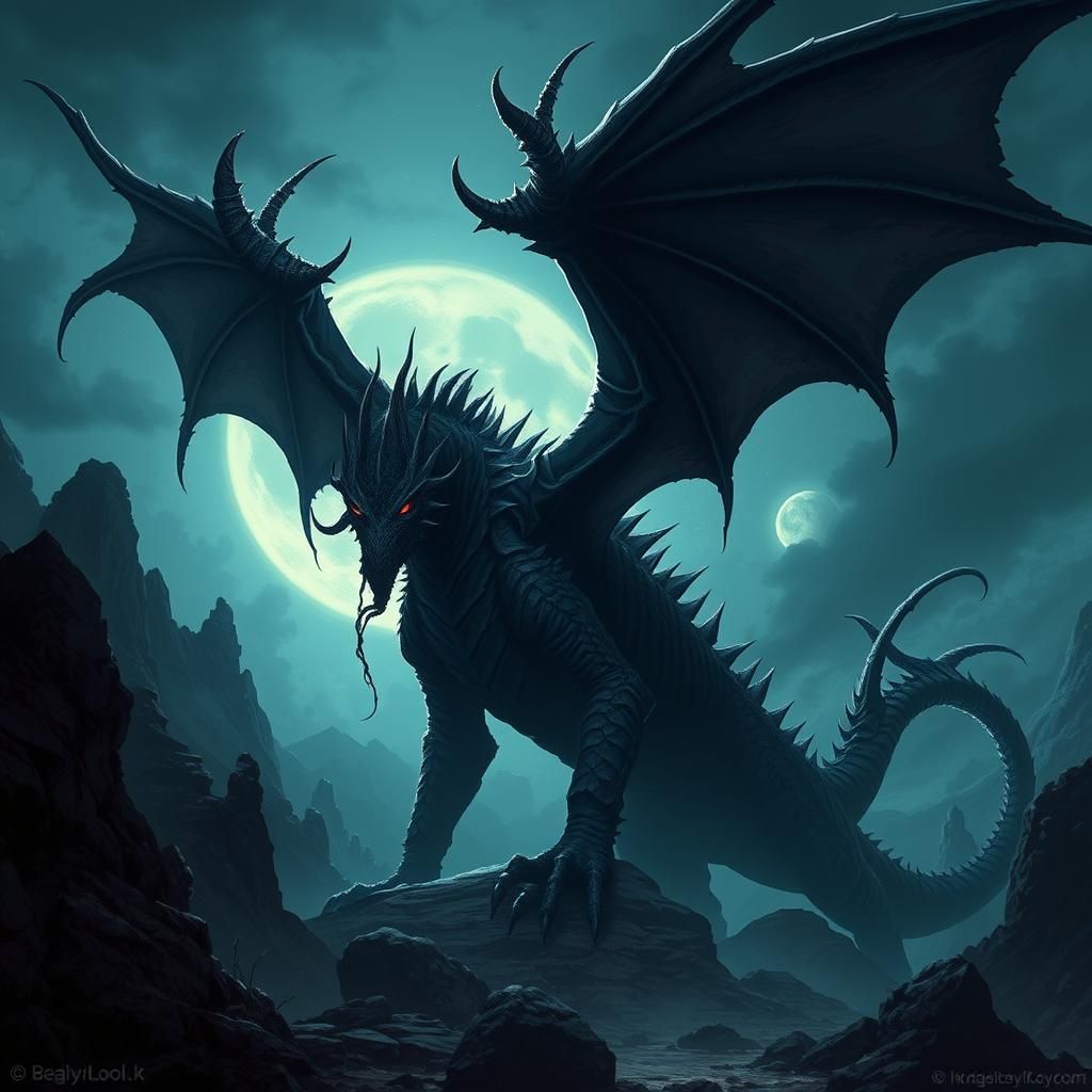 Colossal Dark Dragon Obscures the Sun in Gothic Art Style