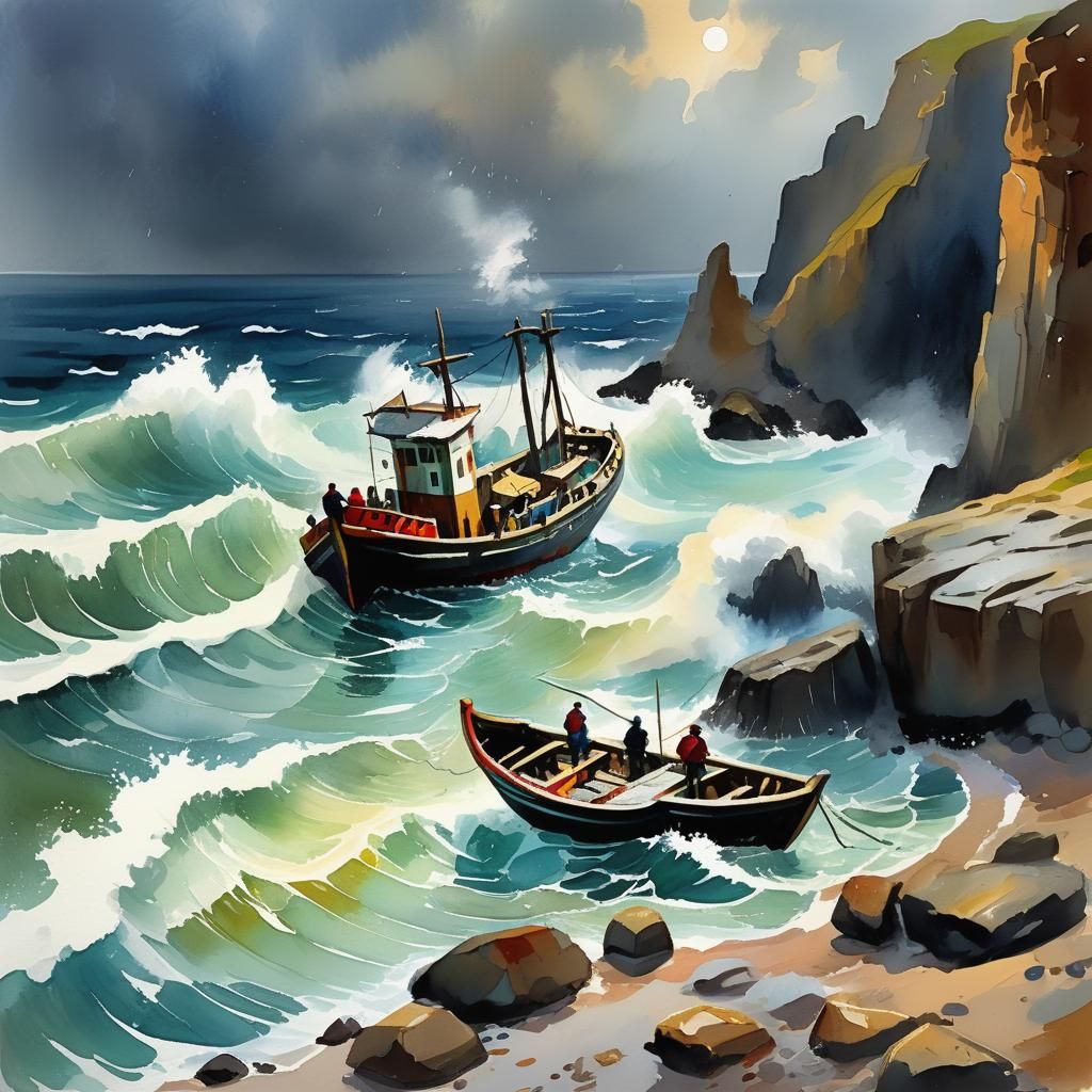 Fishermen Rescue Colonial Boat: Gouache Impressionist Painti...