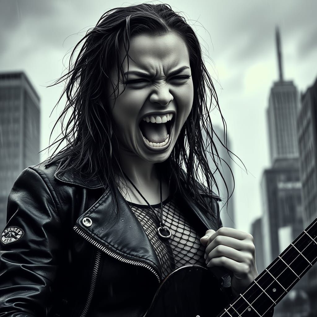 Rebellious Rock Goddess in Monochromatic Storm