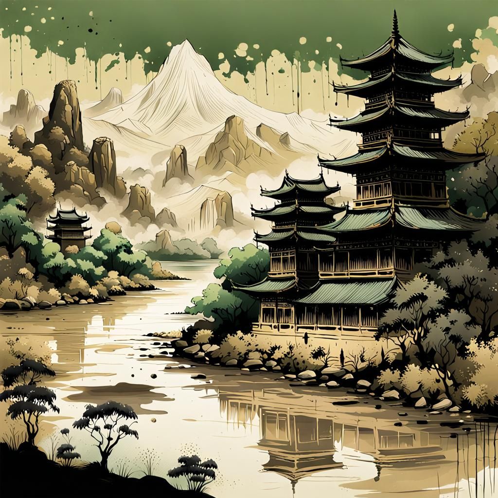Riverscape Temple in Ink Splatter Art Style
