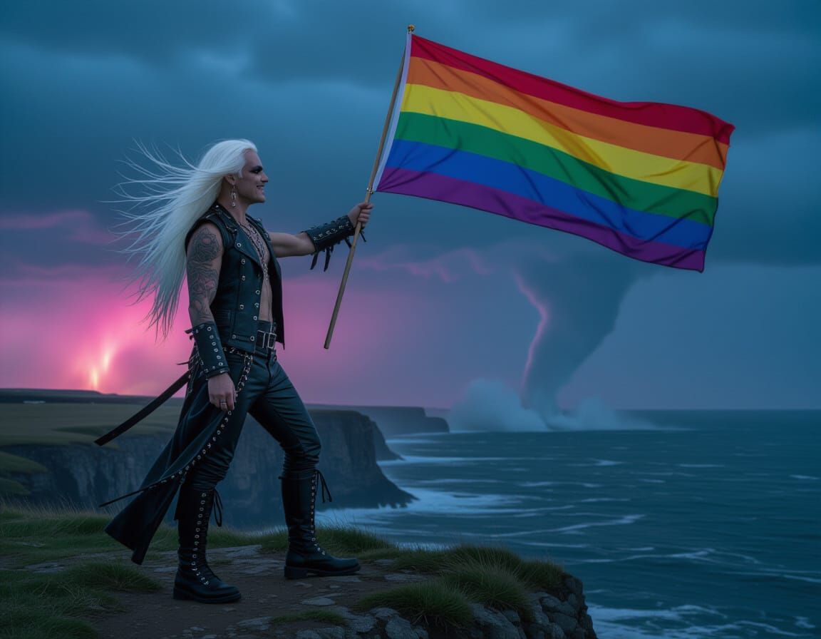 Goth Man with Pride Flag on Cliff Under Aurora