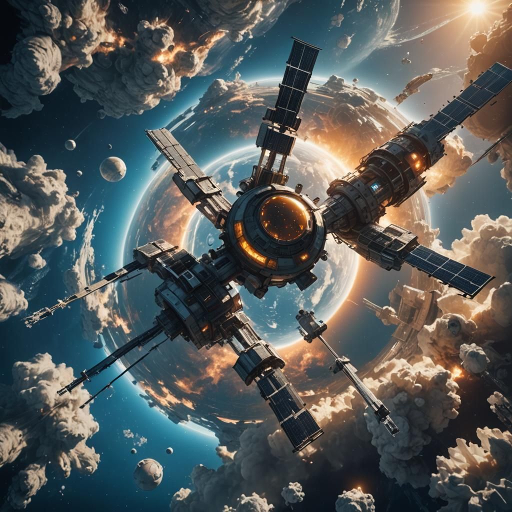 Space Station Orbiting Water Planet in Fantasy Art