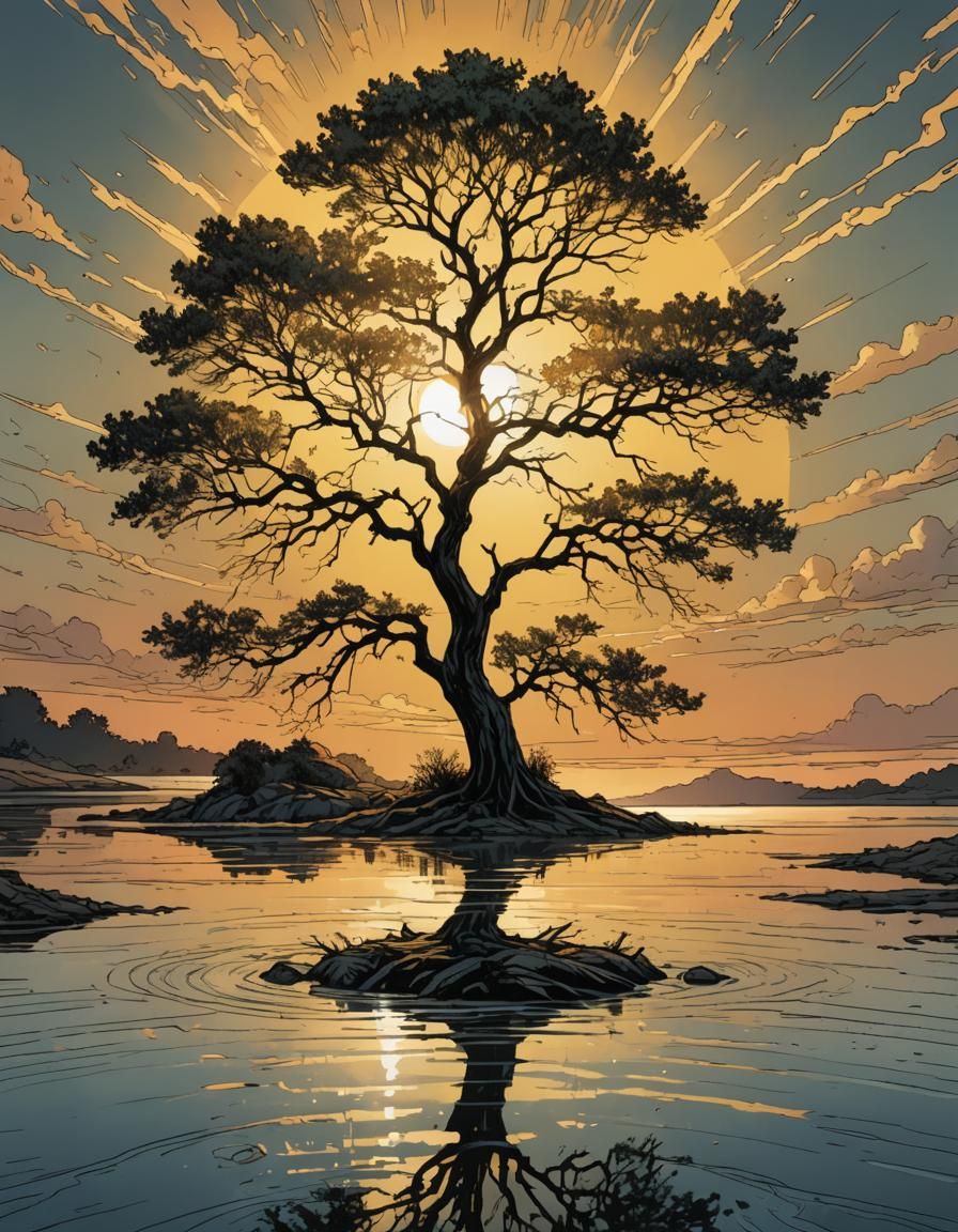 Lone Tree Silhouette in Comic Book Art Style