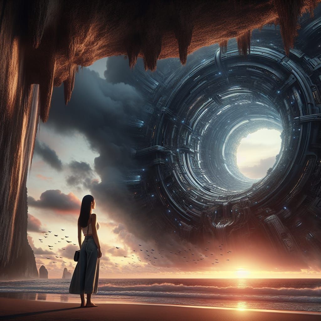 Mechanical Portal Opens Over Sunset Beach