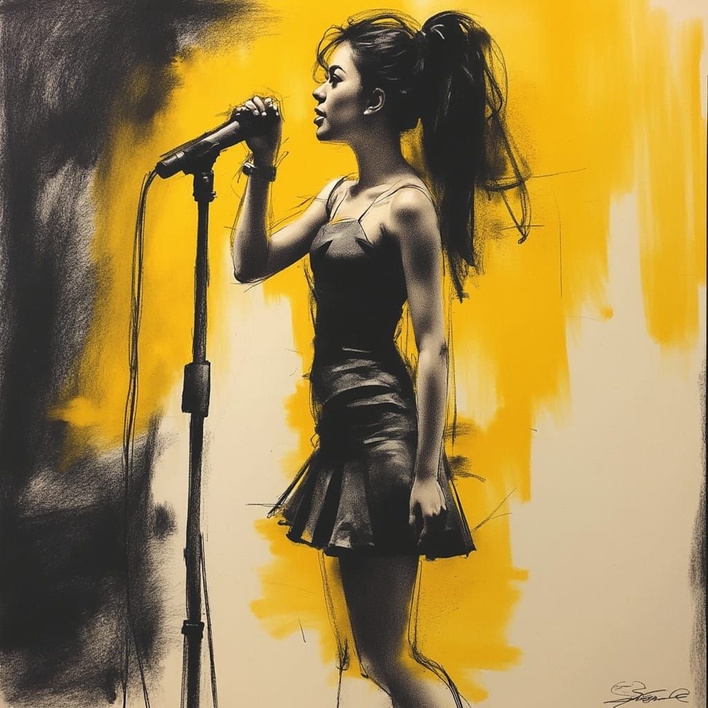 Charcoal Sketch of a Young Chinese Woman in Modern High-Fash...
