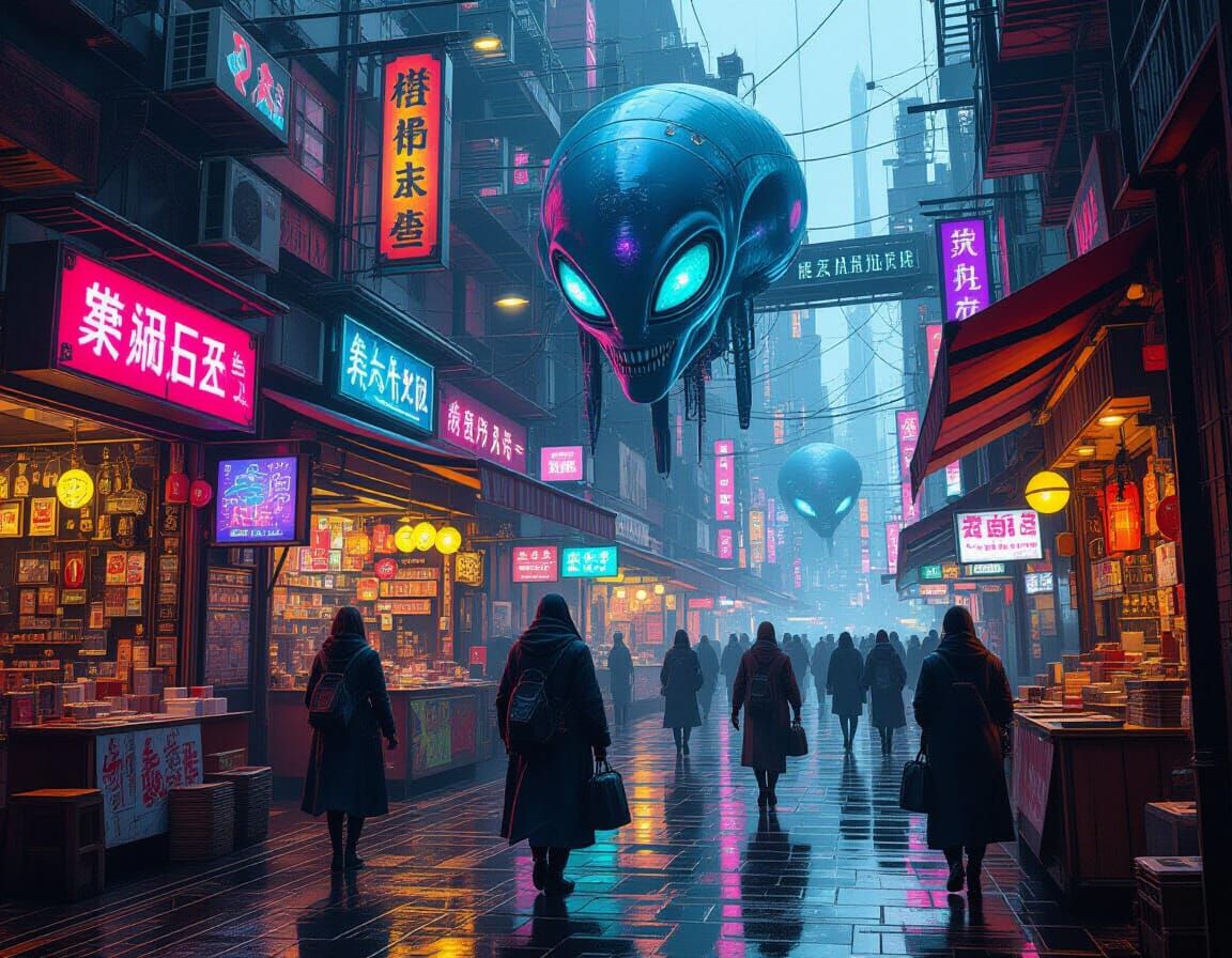 Alien Merchant in Cyberpunk Floating Bazaar