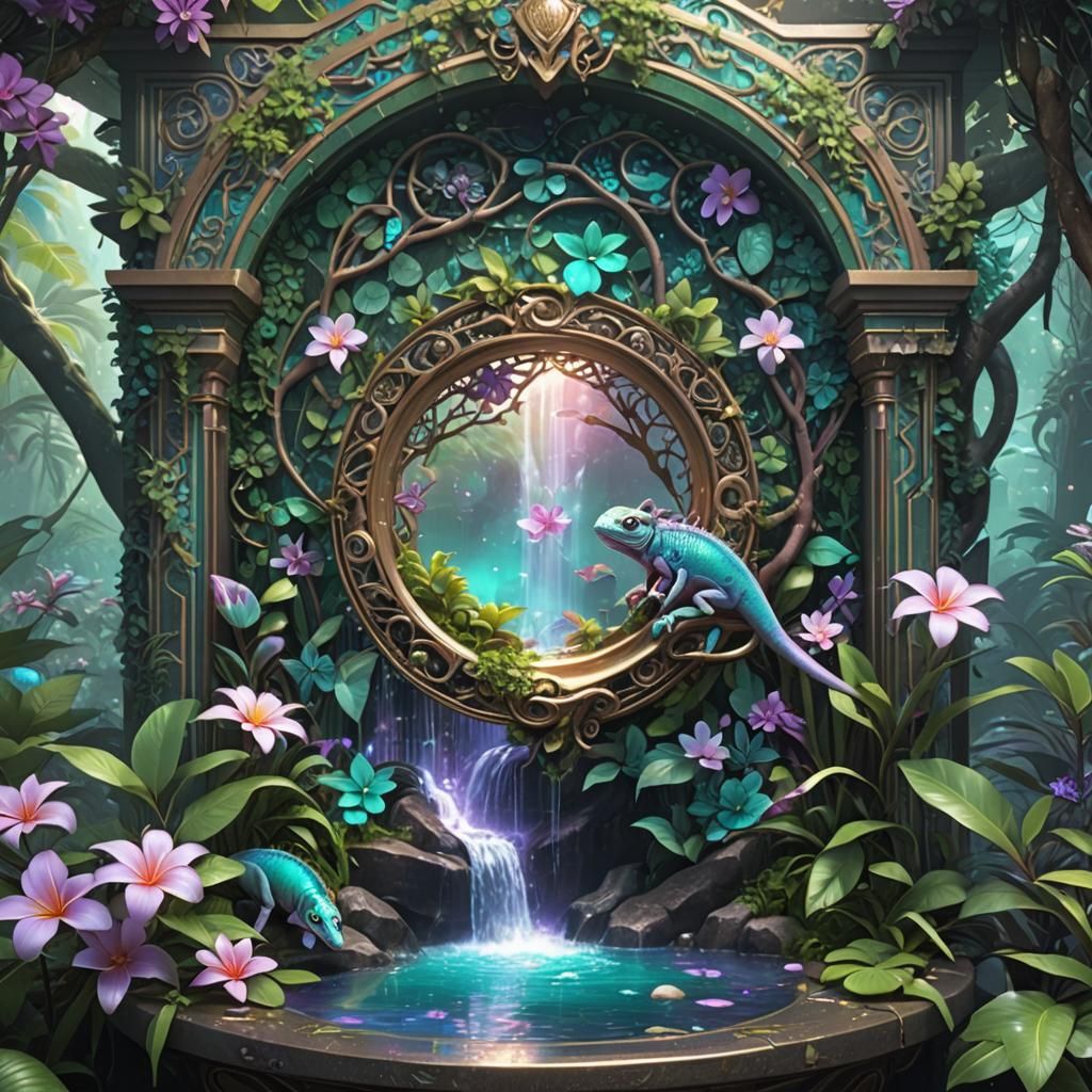 Jungle Waterfall Chameleon with Holographic Portal in Anime ...