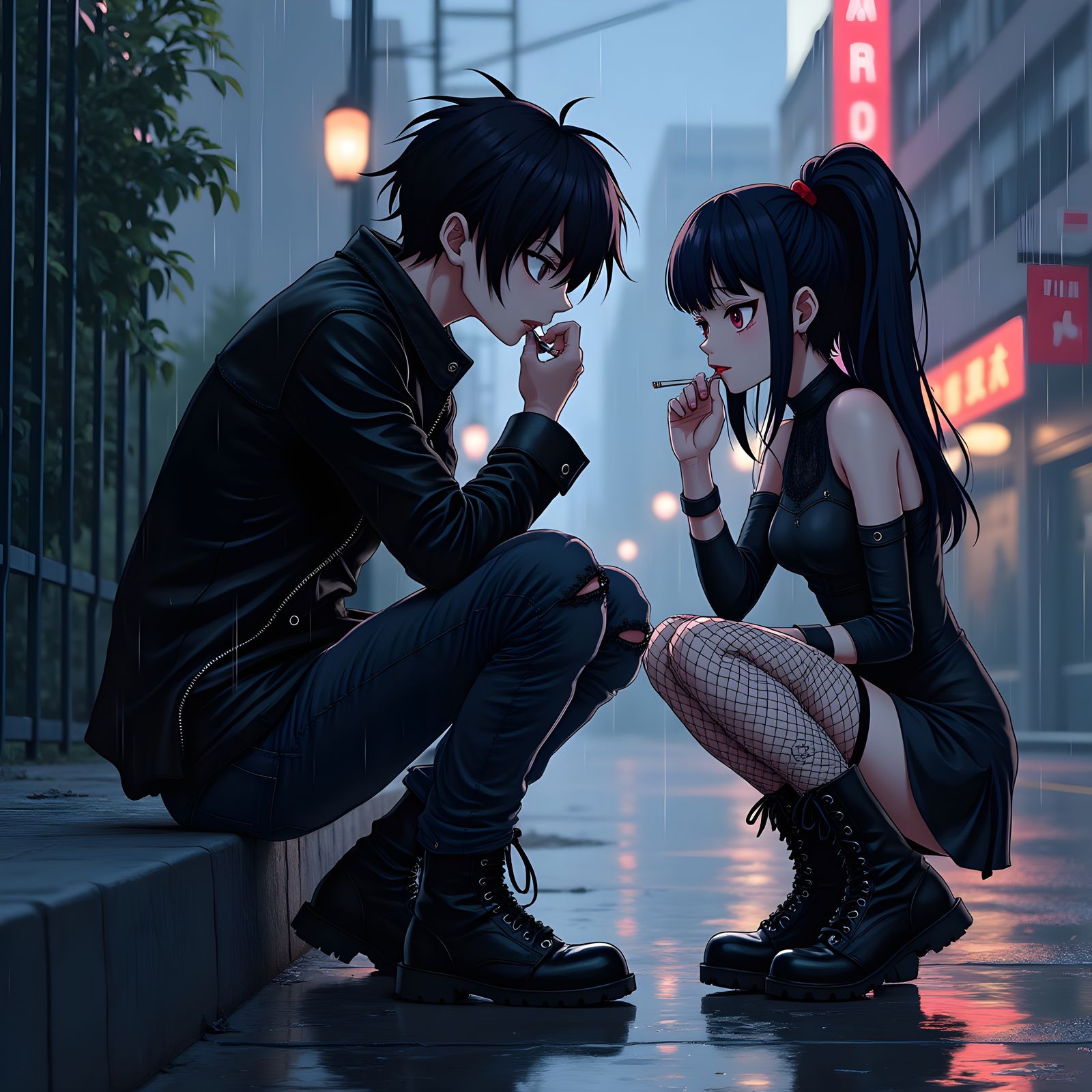 goth anime boy on the curb smoking a cigarette while being i...