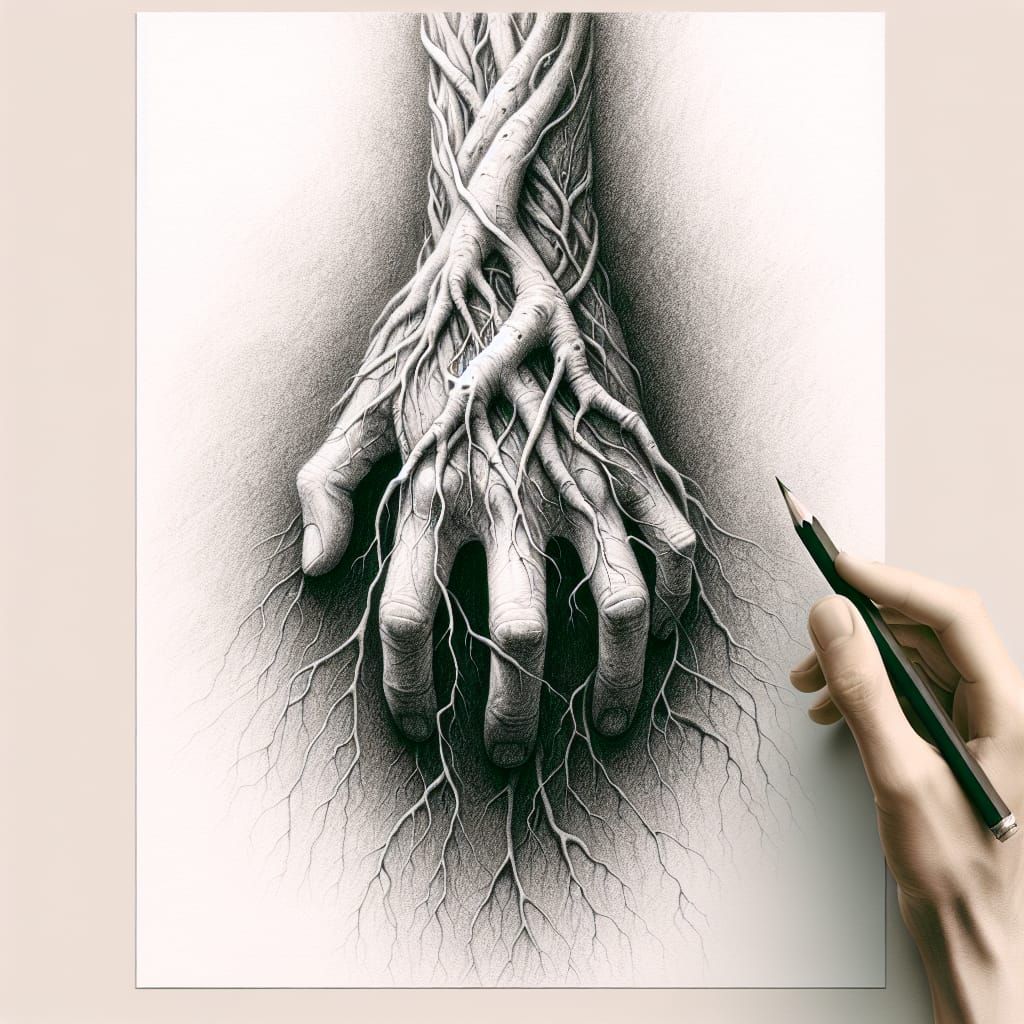 Hand with Roots: Detailed Pencil Art Inspired by Expressioni...