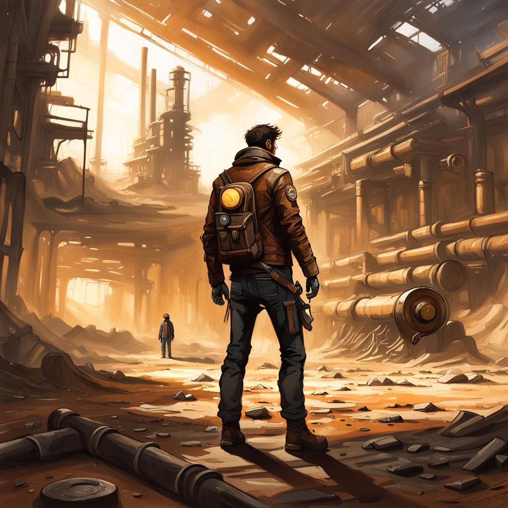 Explorer in Abandoned Industrial Landscape Oil Painting