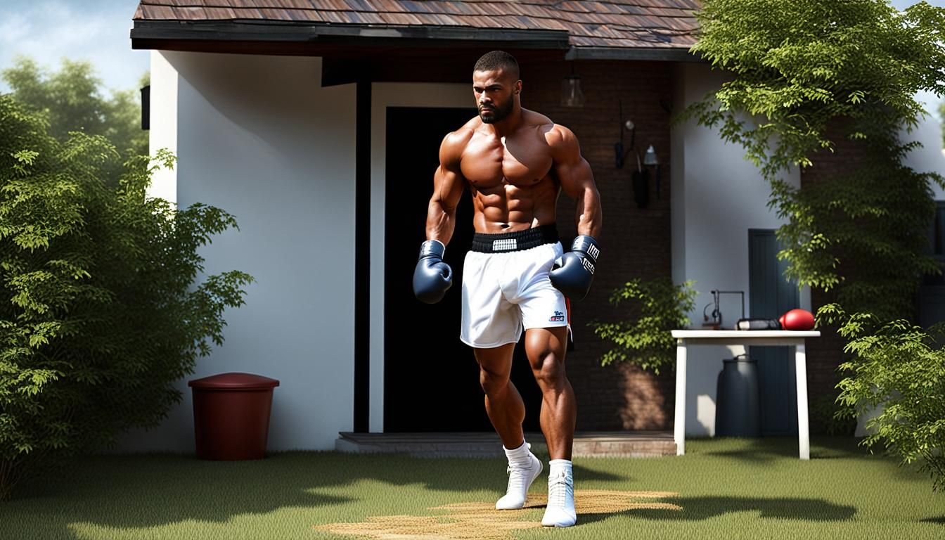 Muscular Boxer Training at Home in Backyard