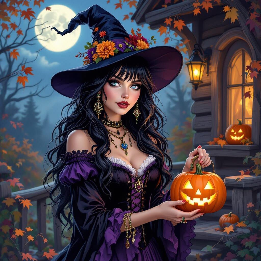 Halloween Witch Lights Jack O' Lanterns Under Full Moon