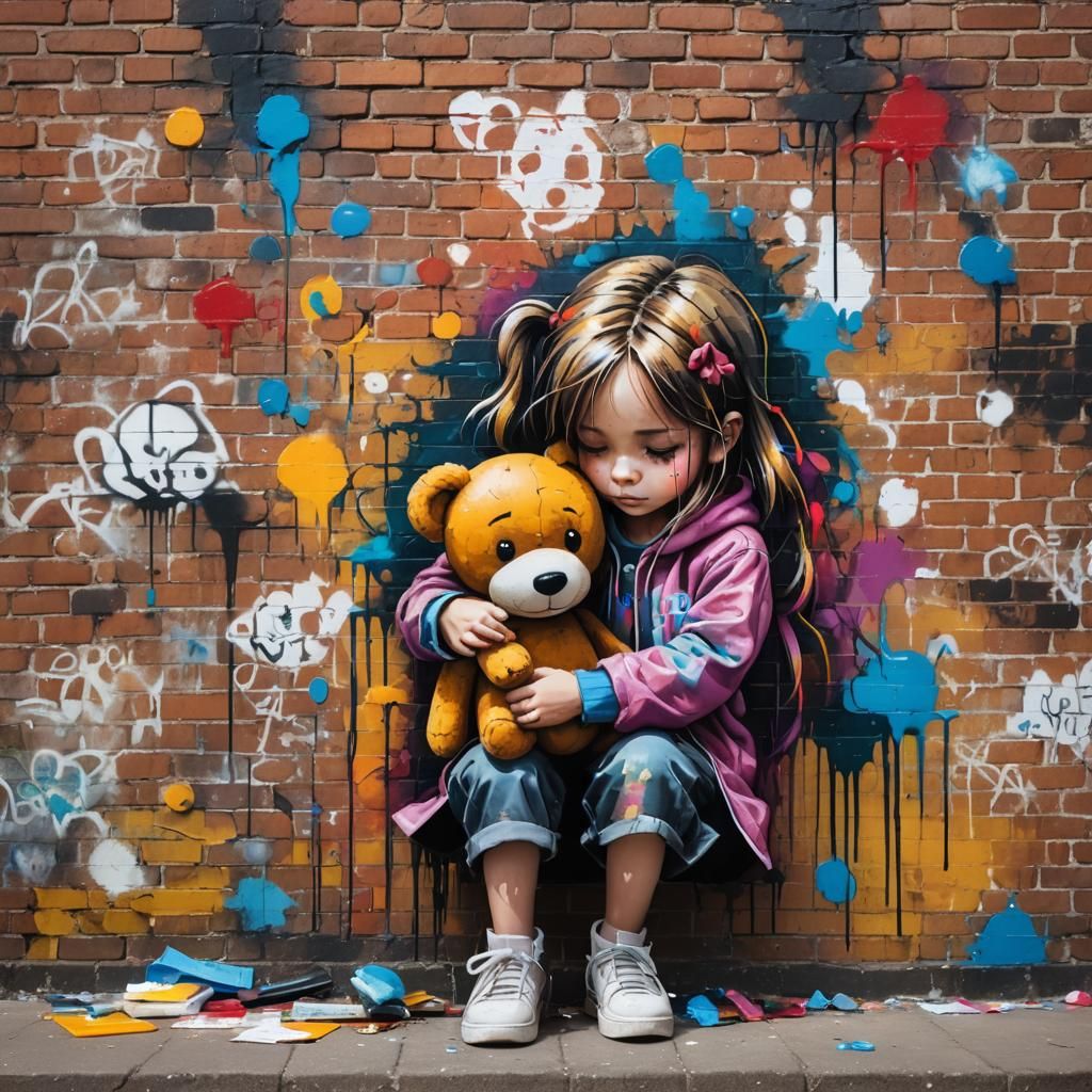 Sad Girl Graffiti Art on Brick Wall
