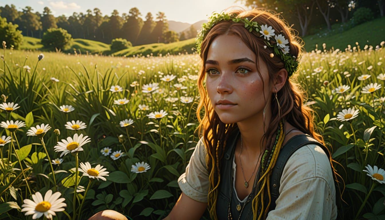Hippy with Braids in Sunny Meadow, Detailed Digital Art