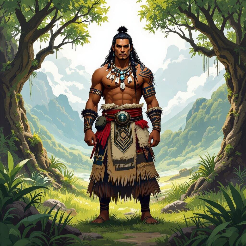 Maori Figure in Mystical Landscape, Fantasy Sci-Fi Blend