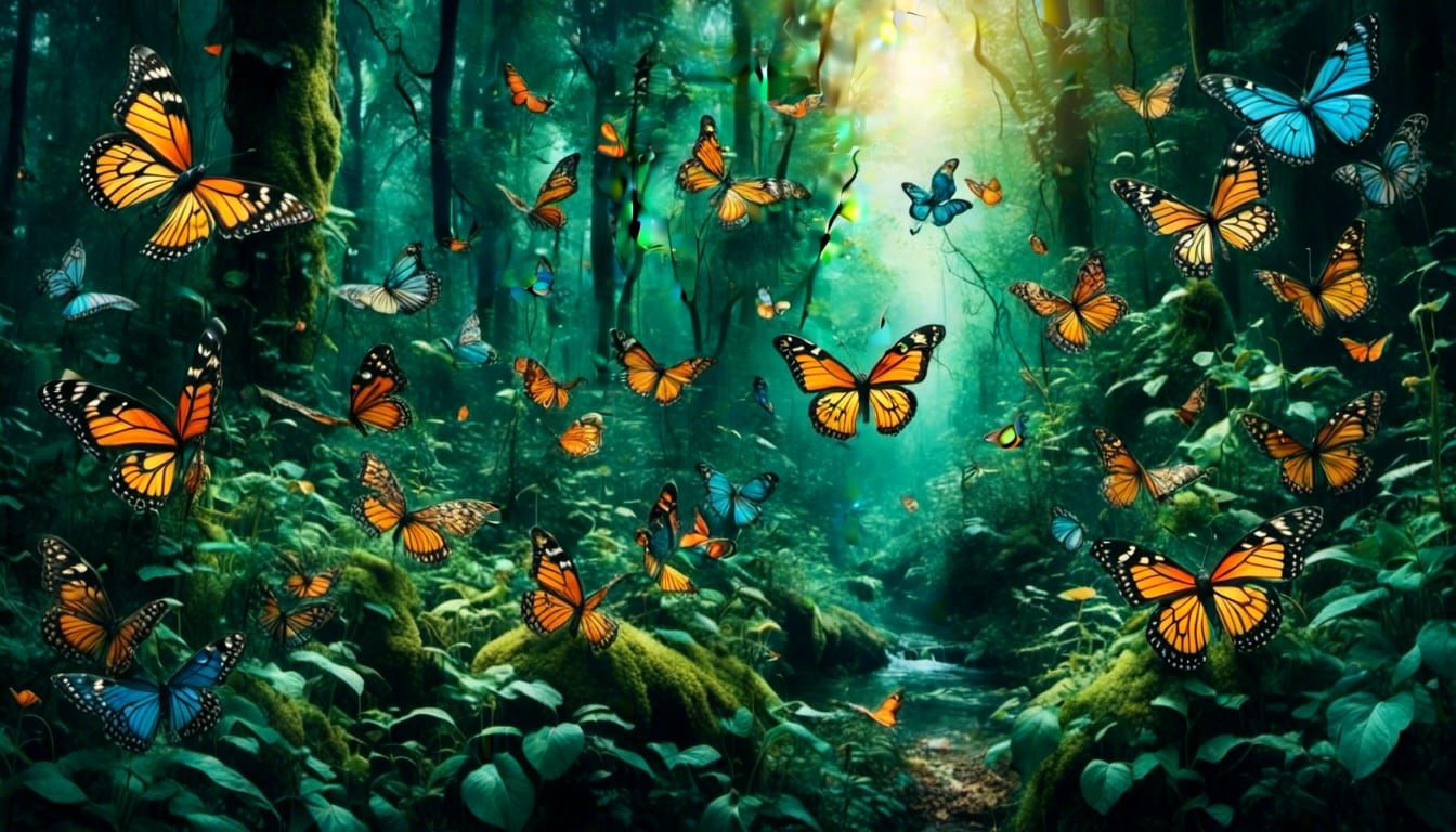 Lush Butterfly Forest in Romantic Watercolor Style
