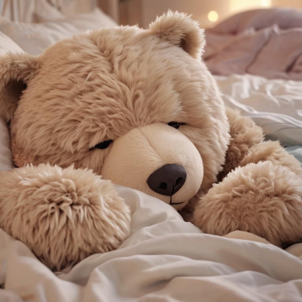 Giant Teddy Bear Cuddling Human in Bed