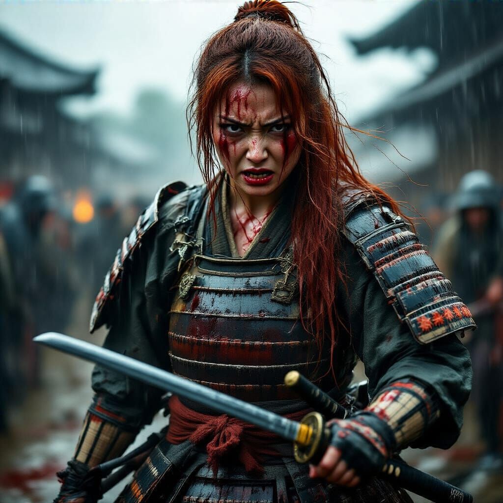 Furious Samurai Woman in Battle, Ultrarealistic Cinematic St...
