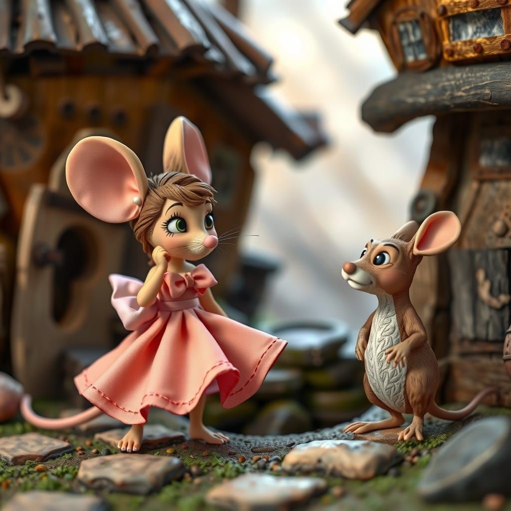 Whimsical Mice in Rustic Village, Claymation Style