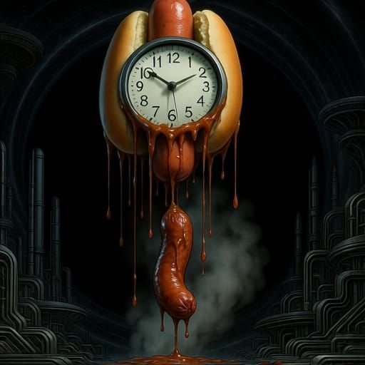 Melting Hotdog Clock in Cosmic Vortex