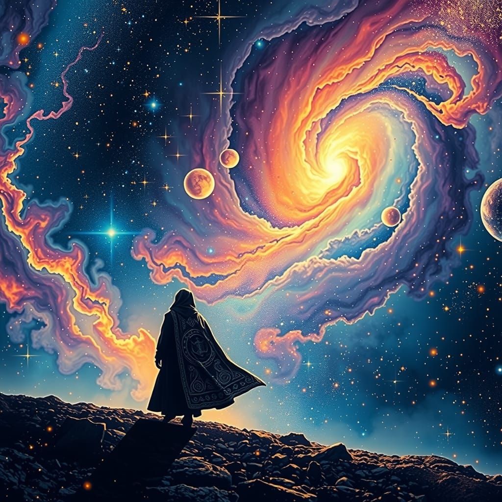 Celestial Figure Walking Through Nebula in Pointillist Style