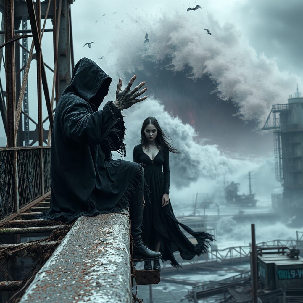 Mysterious Figure Beckons from Ruined Bridge