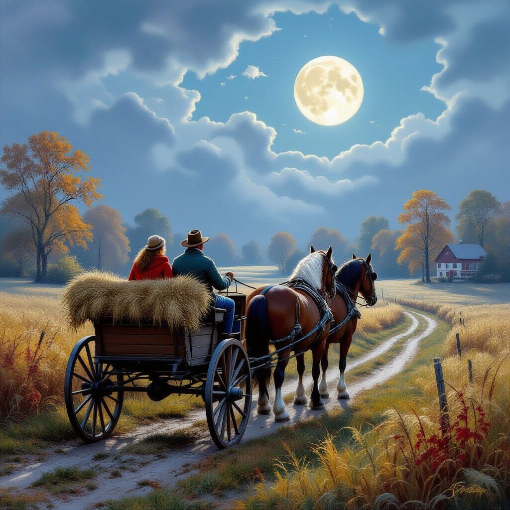 Romantic Hayride Under Harvest Moon in Autumn Landscape