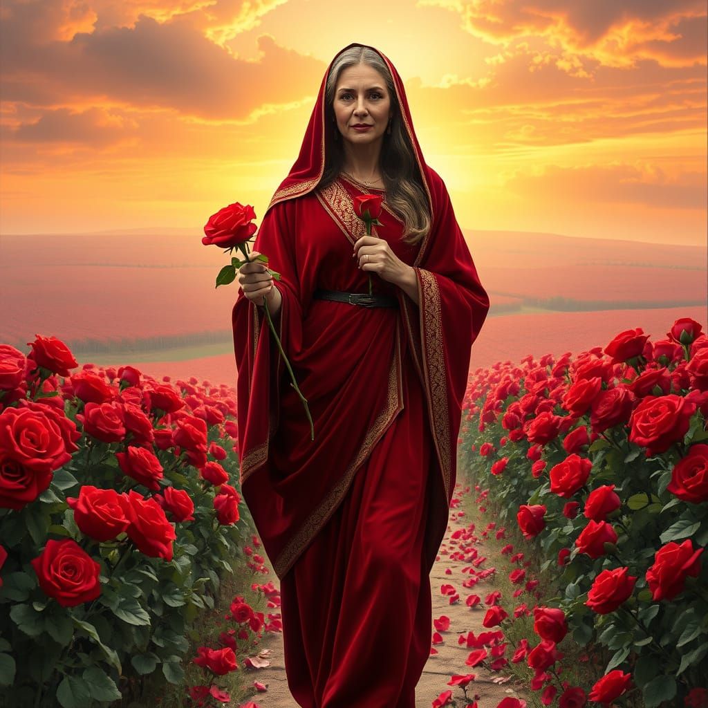 Mary Magdalene in Red Roses: Hyperrealist Digital Art