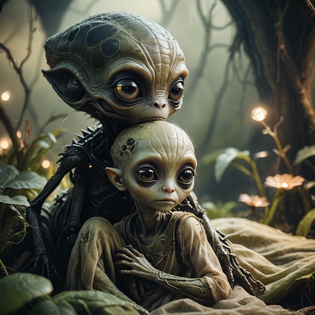 Alien Child's Affectionate Moment in Swampy Room