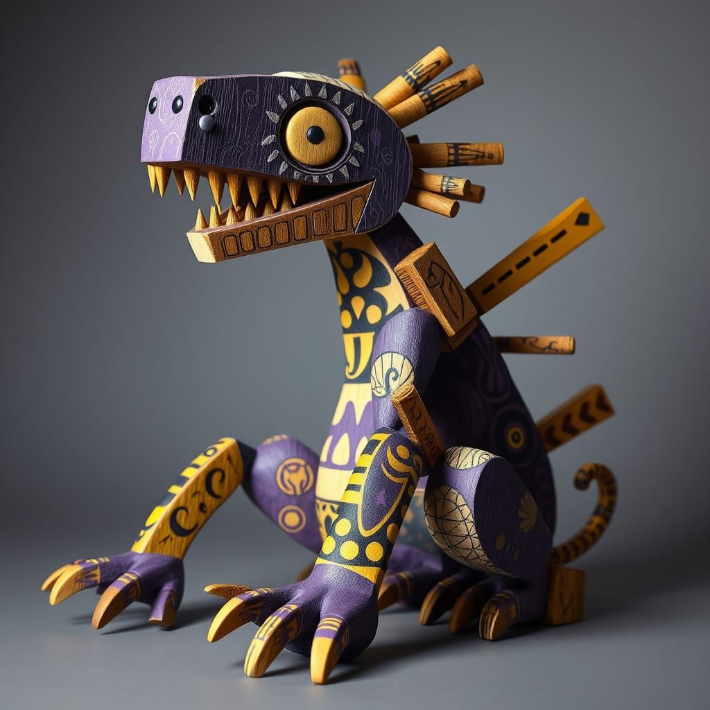 Whimsical Wooden Creature Sculpture in Dark Fantasy Style