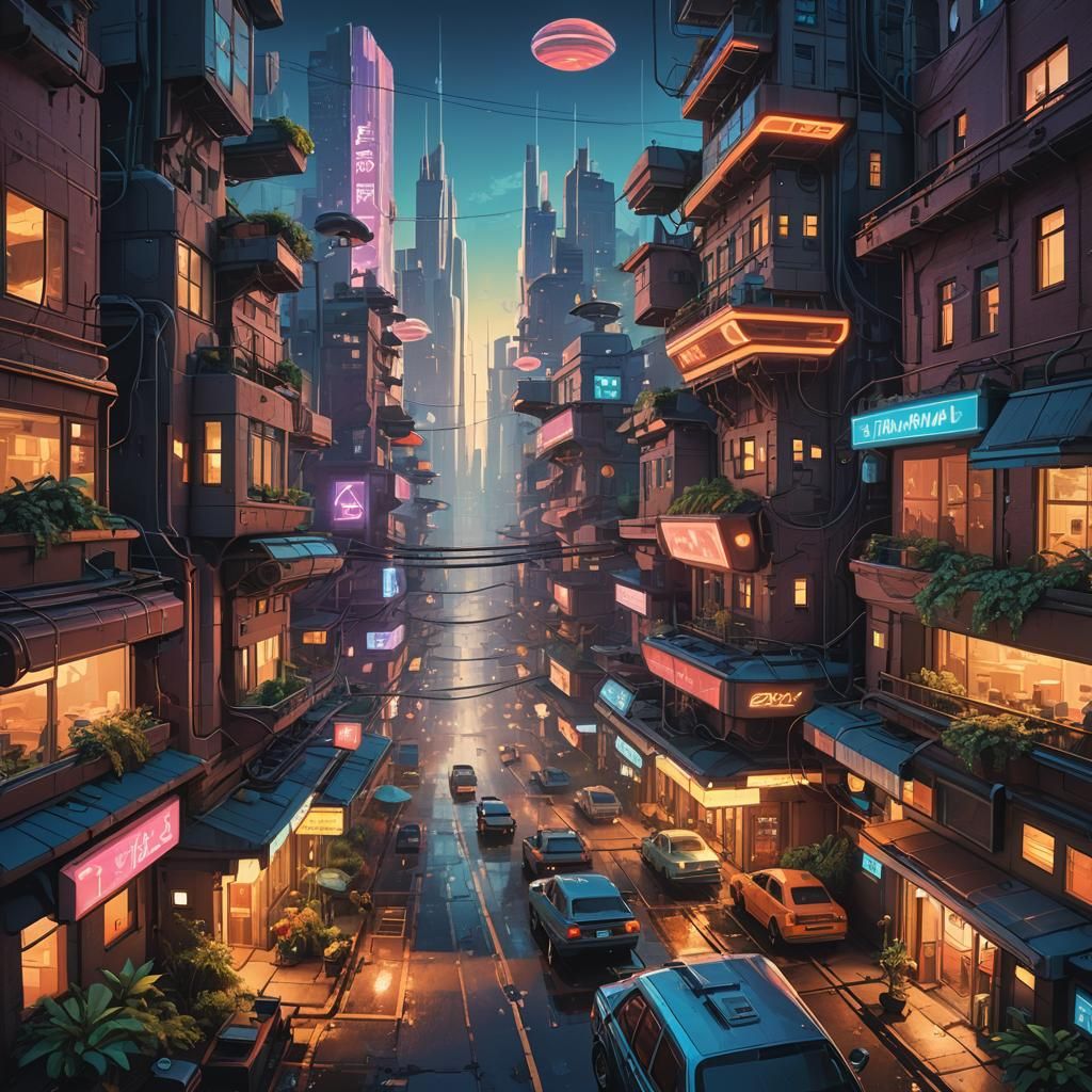 Futuristic Cityscape Concept Art with Flying Vehicles