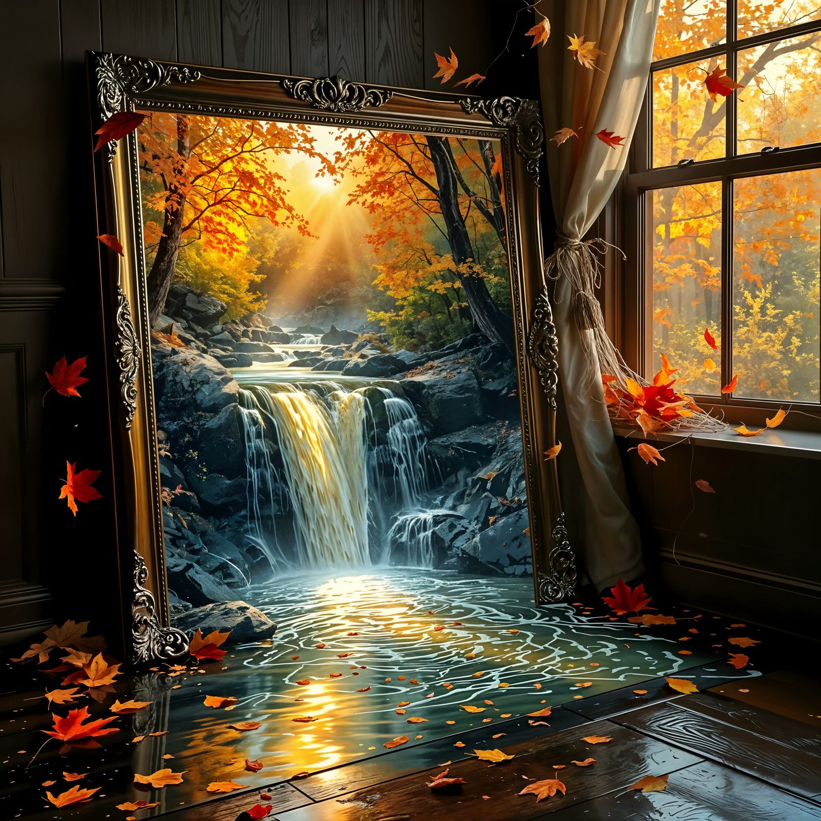 Magical Autumn Waterfall Painting Spills Onto Floor