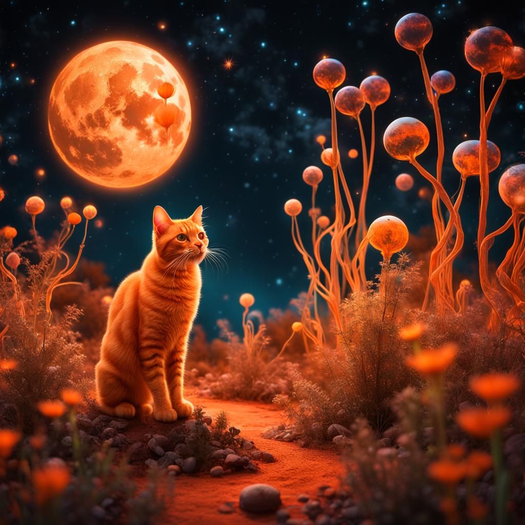 Fluorescent Cat in Surreal Alien Landscape
