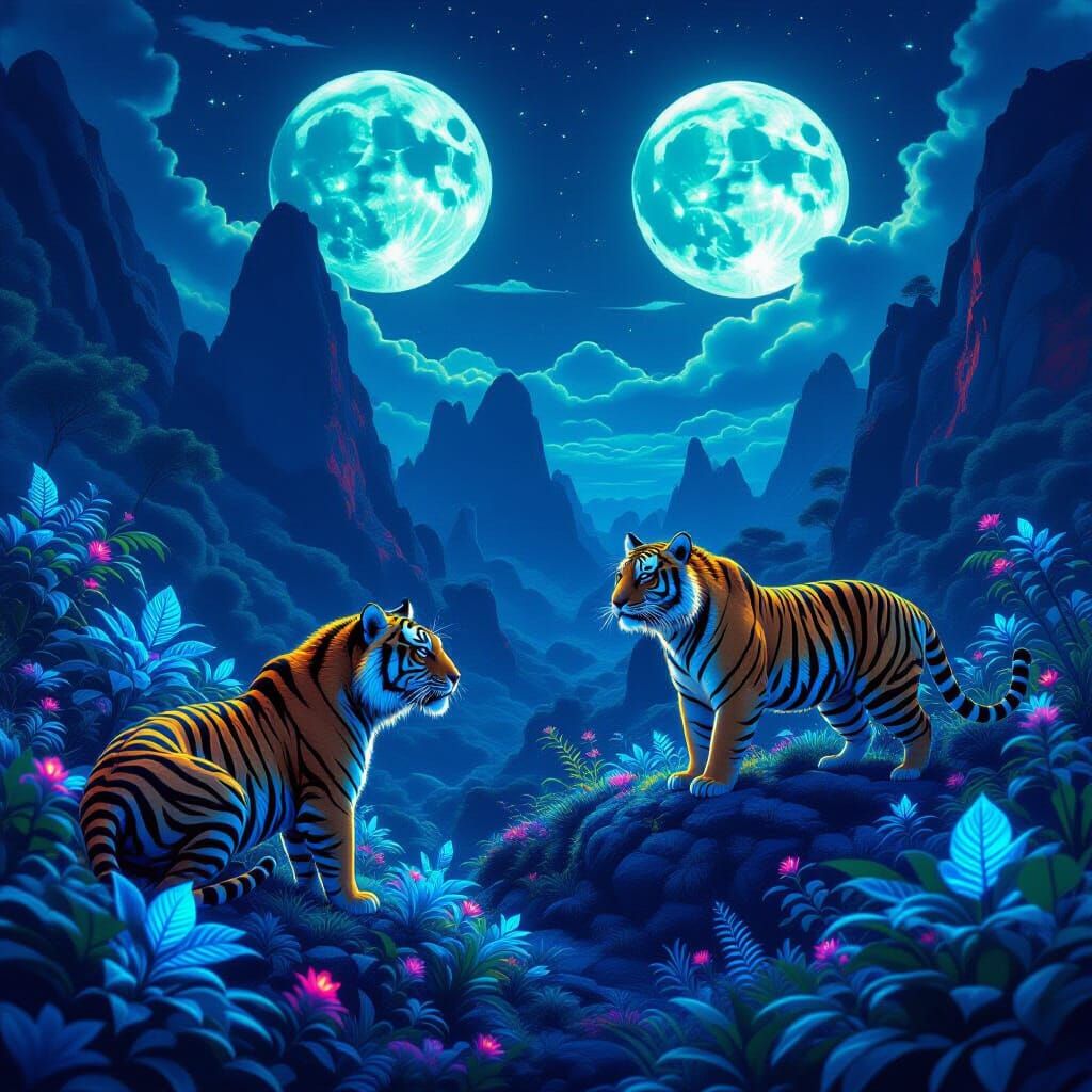 Alien Planet Teeming with Bioluminescent Life and Tiger Crea...
