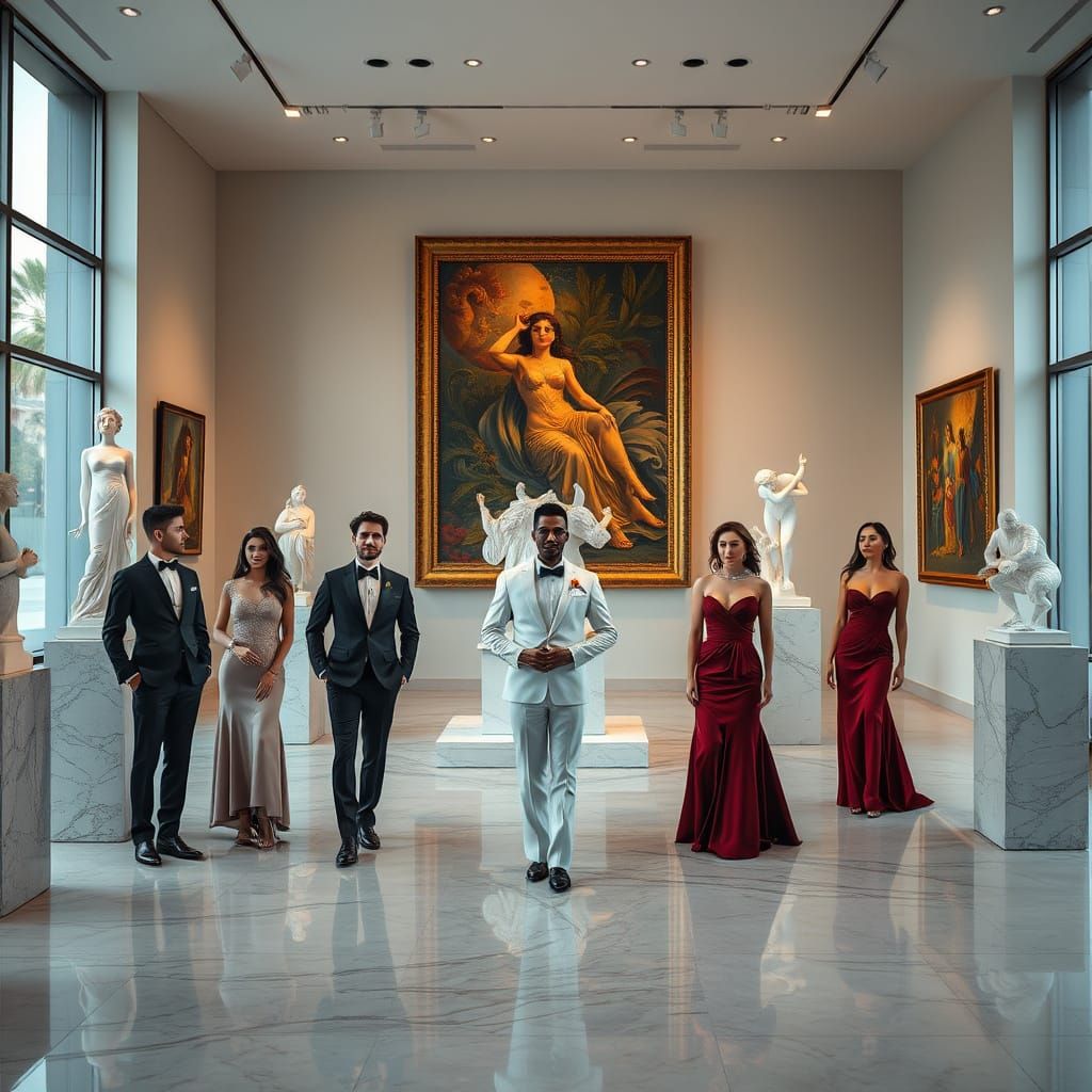 Elegant Artists in Modern Art Gallery, Hyperrealistic Photo