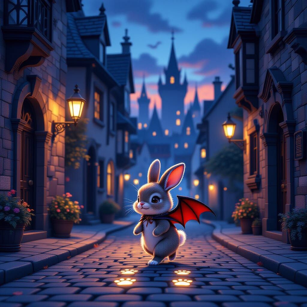 Gothic Cityscape with Bat-Wing Rabbit at Dusk