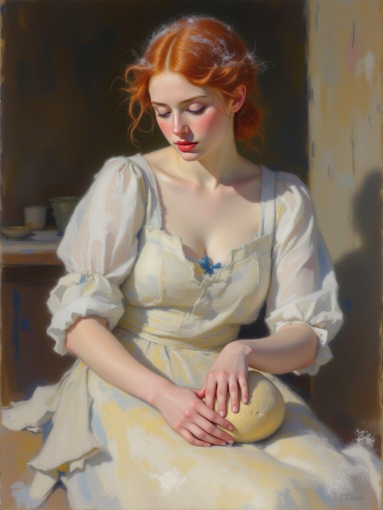 1500s Redhead Baker Kneading Dough in Bustling Kitchen