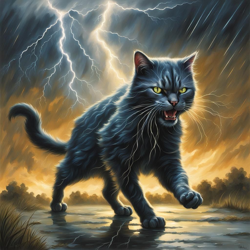 Sinister Cat Grasping Lightning in a Storm