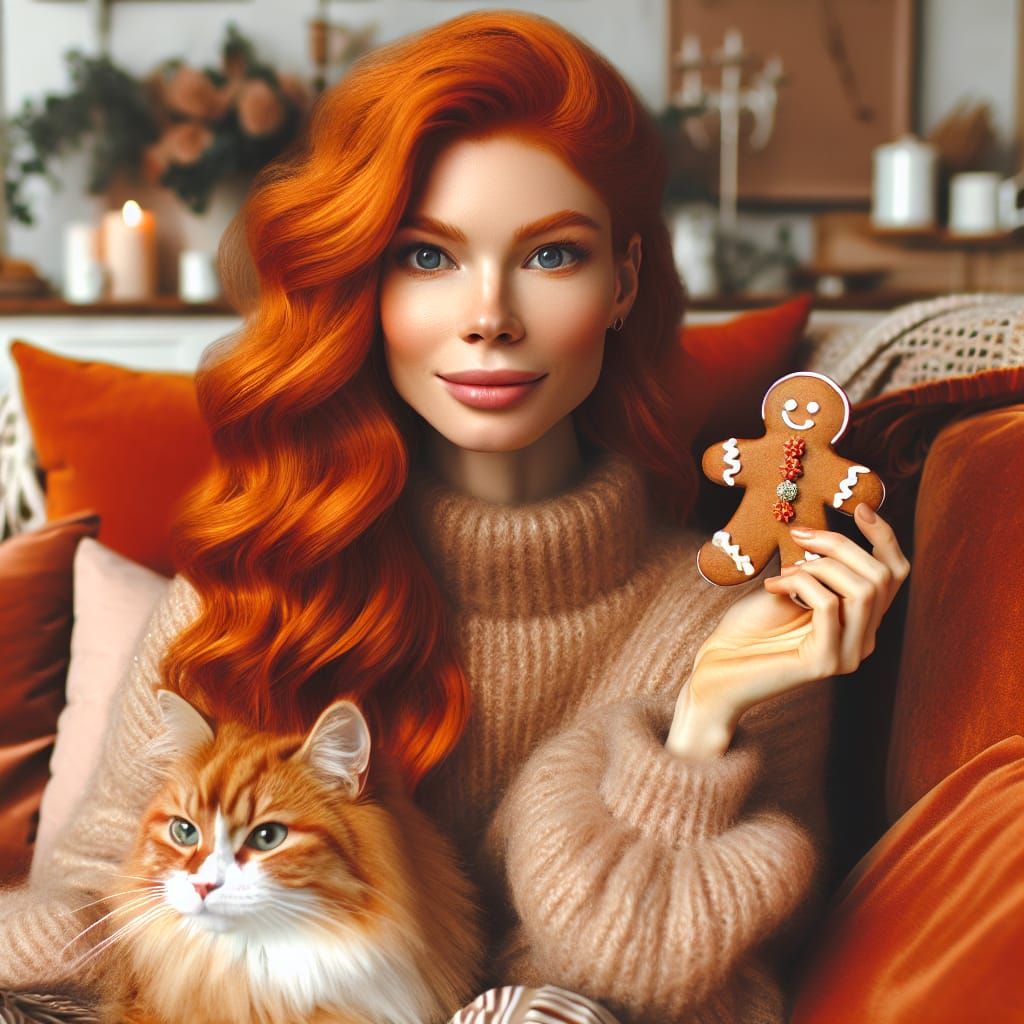 Ginger Beauty Enjoys Whimsical Gingerbread Treat with Feline...