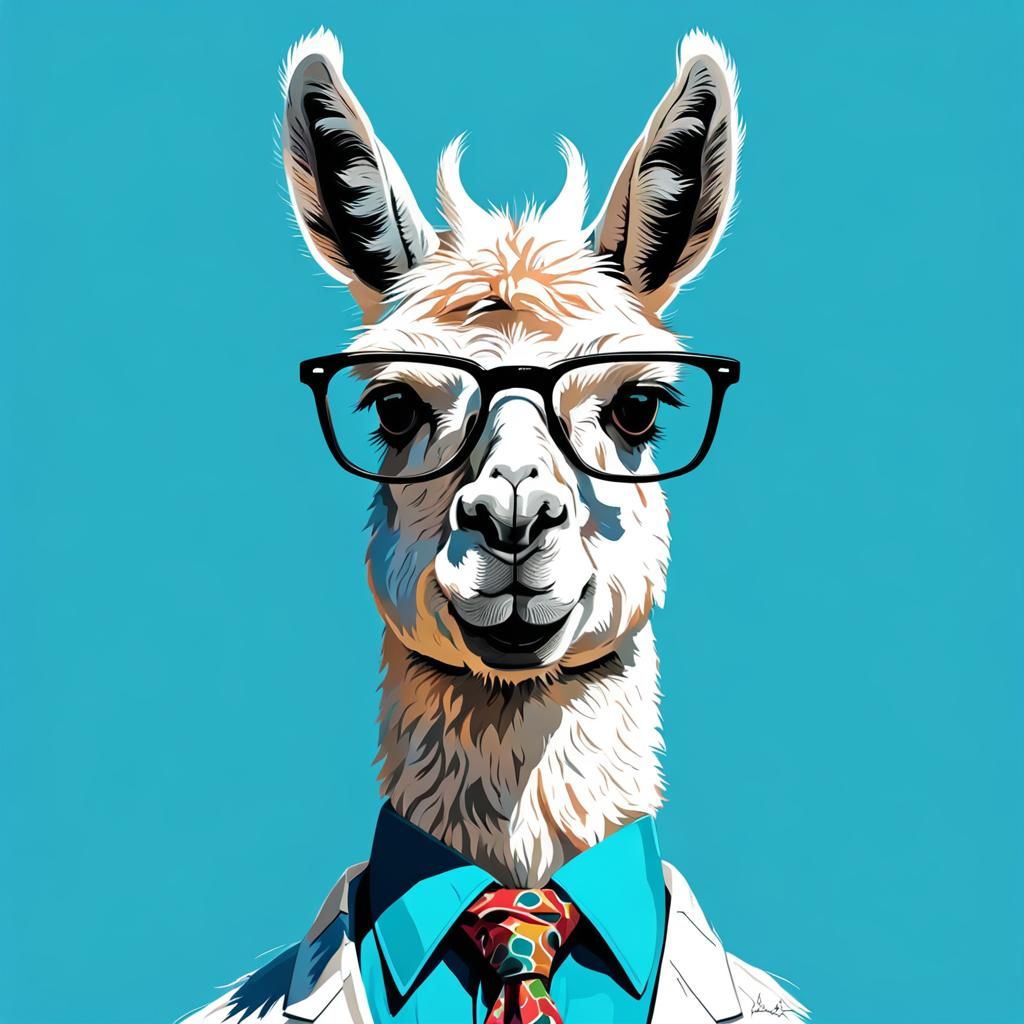 White llama head with buck teeth, needy glasses, and a science-print necktie