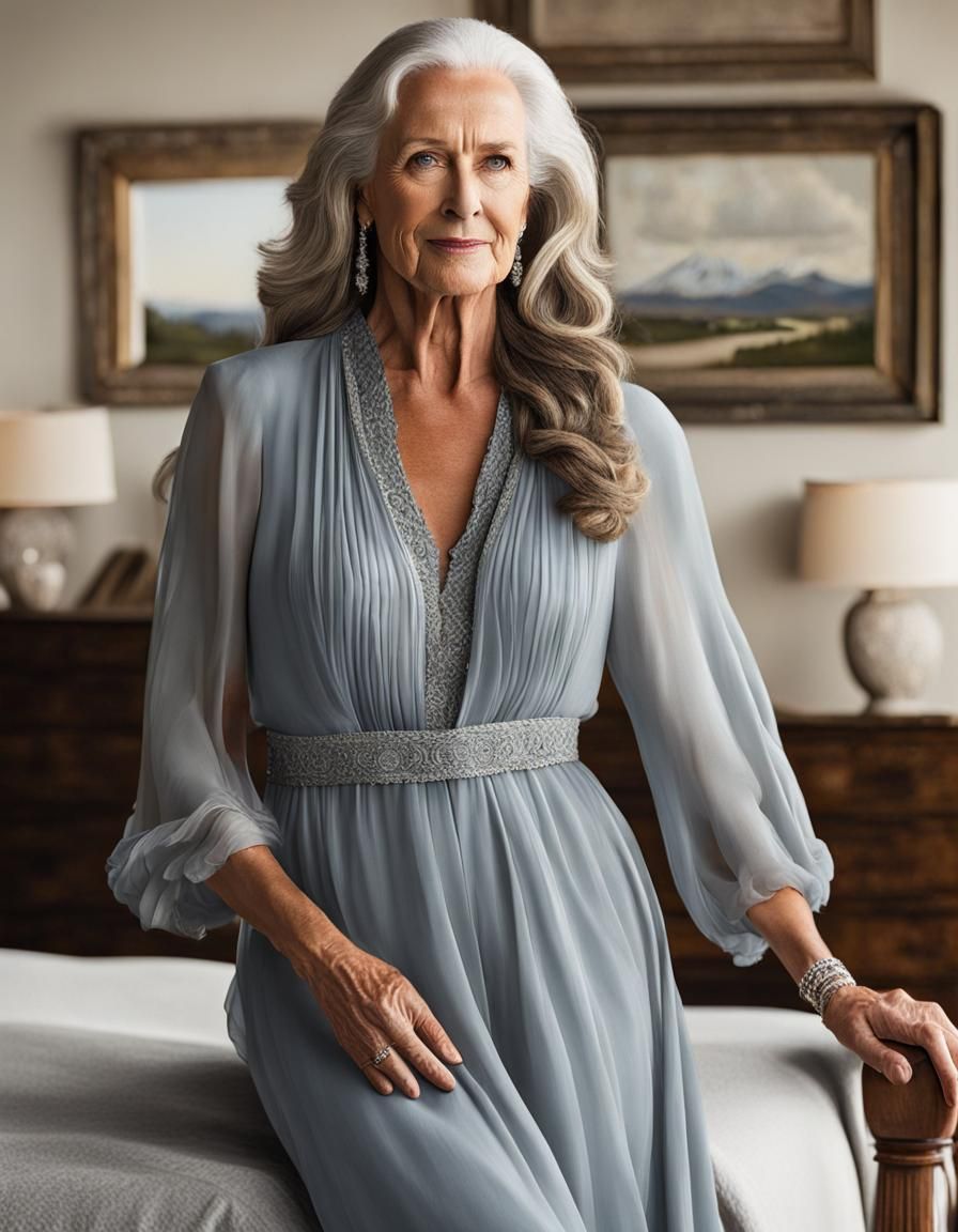 beautfiul 61 year old (caucasian:3) woman with (long graying...