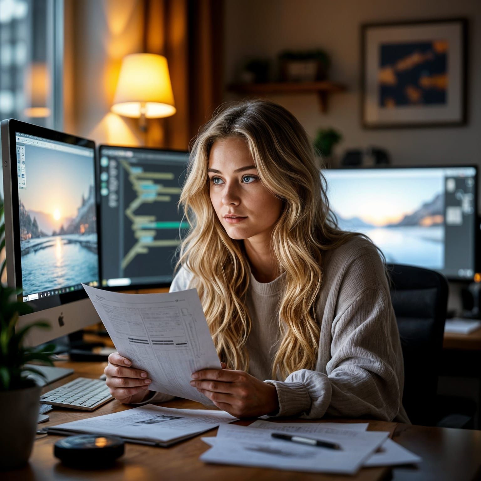 Girl Contemplating NightCafe Challenge in Studio