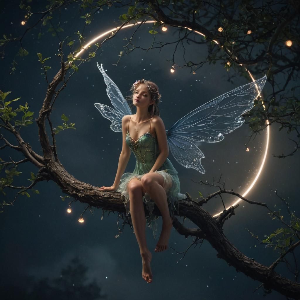 Summer Fairy on Branch Under Moonlit Night