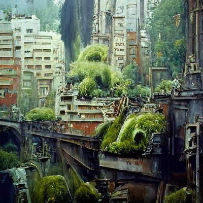 Overgrown City: Oil Painting of Nature's Reclamation