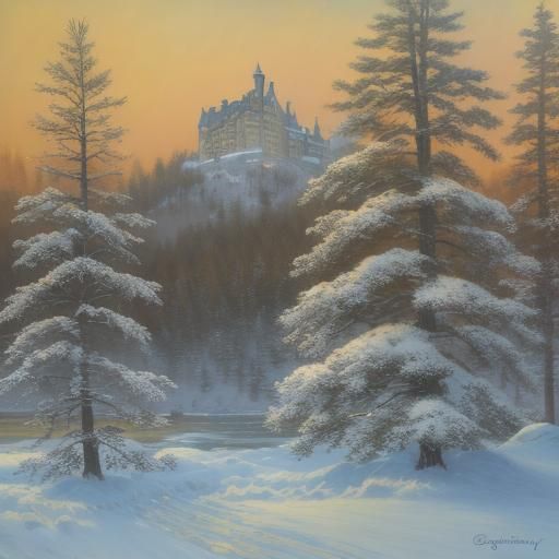 Serene Winter Chateau Amidst Pine Trees in Warm Golden Light