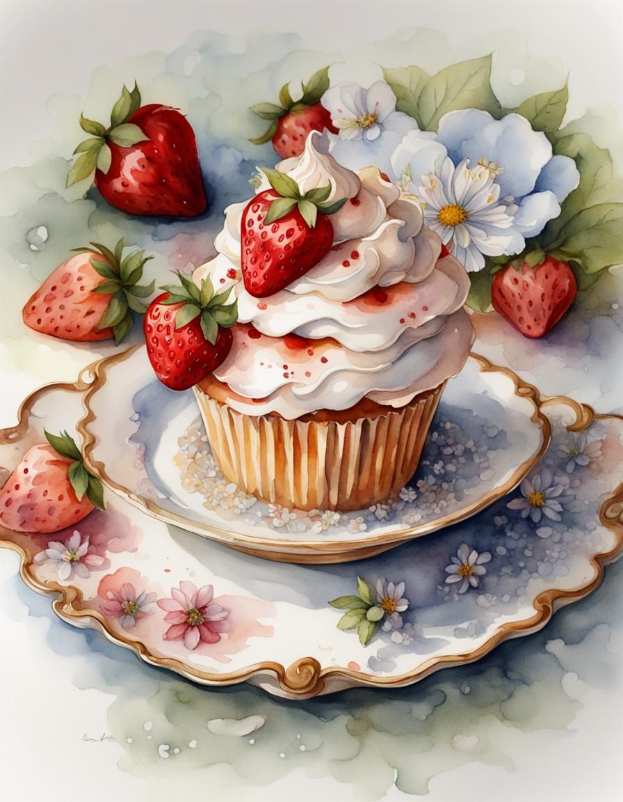 antasy watercolor, White background, Small vintage Victorian style cupcake with cream and strawberries on the elegant lu...