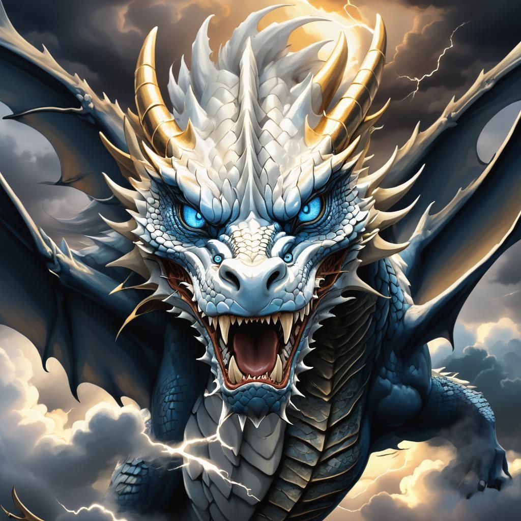 Blue Eyes White Dragon Emerges from Stormy Sunset