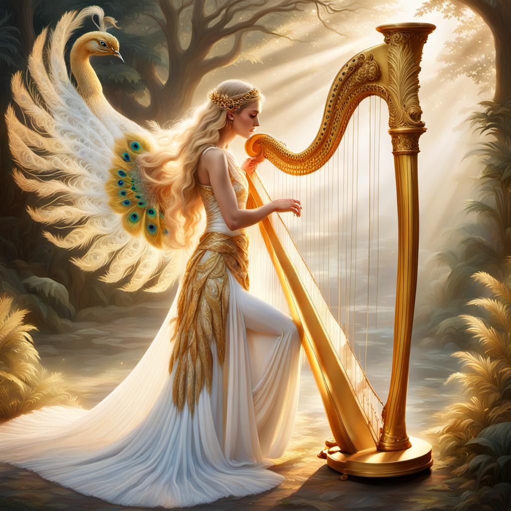 Golden Goddess Plays Iridescent Harp