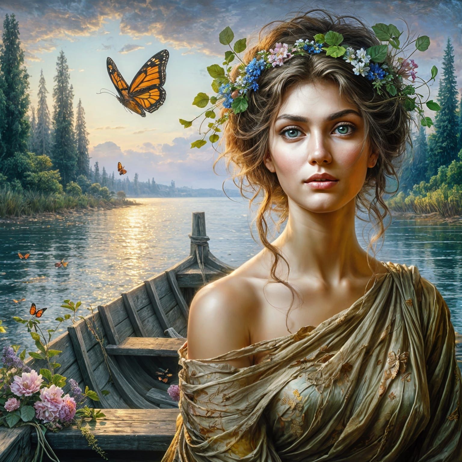 Byzantine Woman in Ripped Gown with Butterfly Hair Adornment