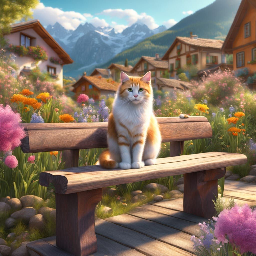 Cat in Alpine Village, Detailed Fantasy Painting